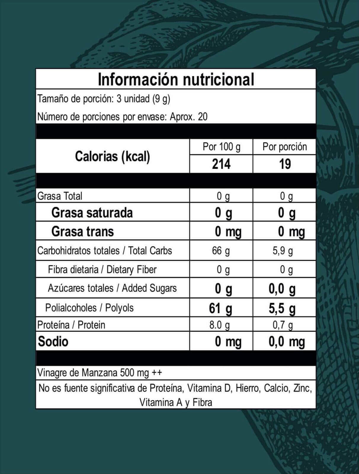 Información nutricional de Orgum – Gomitas sin azúcar añadida con vinagre de manzana (60 unidades), mostrando calorías y otros nutrientes.